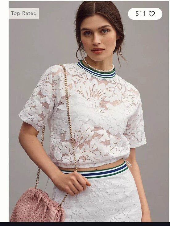 Maeve Tops - Maeve, Short-Sleeve Lace Pullover Top, White/Green/Blue, Size XS, MSRP $98